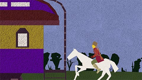 A horse and rider approach a royal Russian train car in a digital cut-paper style animation frame